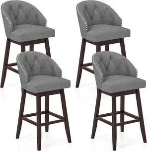 COSTWAY Bar Stools Set of 4, 31 Swivel Bar Stools with Rubber Wood Legs & Padded Back, Breathable Linen Fabric, Stylish Tufted Design & Rivet Decoration, Adjustable Foot Pads (4, Grey + Brown)