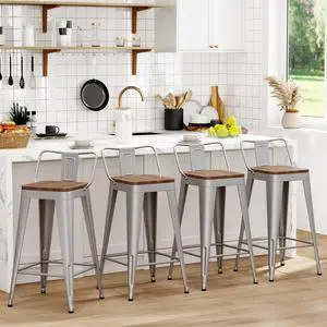 WENTMENT Bar Stools Set of 4 Counter Height Bar Stools Metal Barstools with Removable Back 30" Kitchen Bar Stools with Wooden Seat, Silver