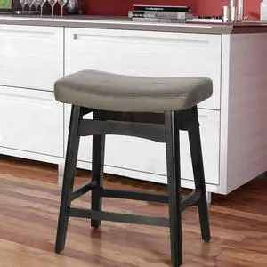 Grey Solid Wood Bar Stool for Kitchen Counter Height Barstool with Faux Leather Saddle Seat Farmhouse Upholstered Stool for 34"-38" Counter Island, 24 Inches Height, Grey & Black