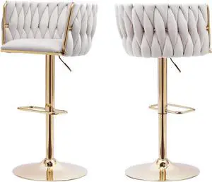 Beige Velvet Bar Stools Set of 2 - Modern Adjustable Swivel Counter Height Chairs with Woven Back for Kitchen Island, Dining, Cafe, Pub