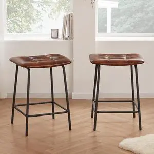 DUHOME 24 Square Tufted Counter Bar Stools Set of 2, Breathable Faux Leather Upholstered Barstool with Footrest, Backless Stool for Kitchen Counter Island Bar, YellowishBrown
