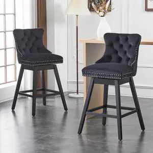 Swivel Bar Stools, Barstool Set of 2 with Back, Bar Height Stools, Black Barstools for Kitchen Island, Counter Height Velvet Bar Stools with Upholstered Seat, Wood Legs for Home Bar