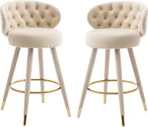 QQU Bar Stools Set of 2, Modern Velvet Adjustable Counter Height Bar Chairs with Back, Solid Wood Legs, Upholstered and Footrest Barstools for Kitchen, Dining Room(Beige)