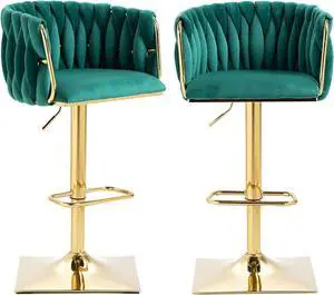 Modern Velvet Swivel Bar Stools Set of 2, Hand Woven Backrest, Comfy Adjustable Counter Height Barstools with Gold Square Base for Counter, Kitchen Island, Cafe, Pub (Set of 2, Emerald)