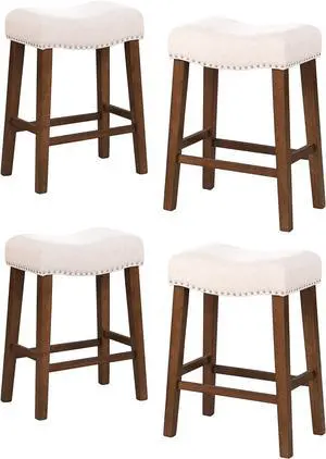 26" Counter Height Bar Stools - Modern Backless Kitchen Island Saddle Barstools Chairs with Footrest, Solid Wood Legs & Nailhead Trim Linen Fabric Cushion, Beige, Set of 4