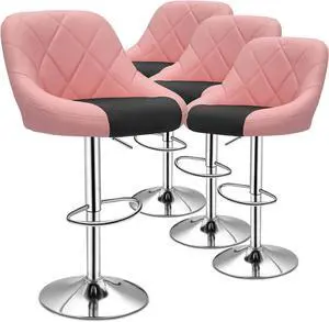 Magshion Faux Leather Bar Stools Adjustable 360 Degree Swivel Backrest Footrest Barstool Set of 4 (Style02-Pink/Black)