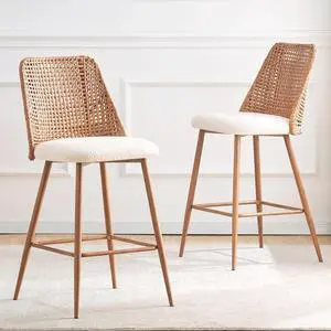 Rattan Counter Height Bar Stools Set of 2, Upholstered Boucle Barstools with PE Rattan Back, 26 inch Stools Armless Bar Chairs for Kitchen Island,Beige White