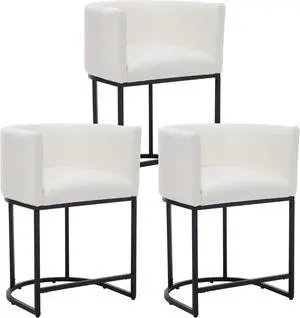 Wahson Set of 3 Faux Leather Upholstered Barrel Counter Height Barstools, 24" H Modern Fabric Bucket Bar Chair Stools for Kitchen Island, with Black Metal Tubular Frame, White