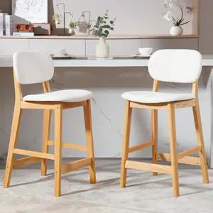 CIMOTA Upholstered Counter Height Bar Stools Set of 2 Farmhouse Barstools Mid Century Modern Kitchen Island Stools Comfortable Wood Bar Chairs, 26 Inch/Linen/Beige