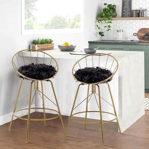 Alunaune 30inch Swivel Metal Bar Stools Set of 2 Gold Counter Height Black Faux Fur Counter Stool Home Kitchen Bar Chairs-Gold
