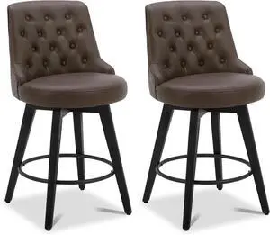 Watson & Whitely Modern Swivel Bar Stools, Faux Leather Upholstered Counter Height Bar Stools with Back, Solid Wood Legs, 26" H Seat, Set of 2, Chocolate