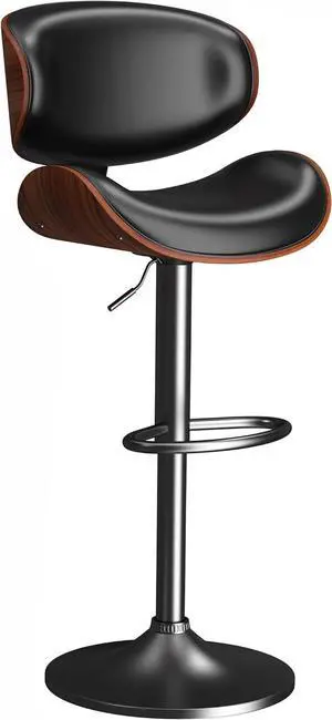 Swivel Bar Stools for Kitchen Counter, Adjustable Bentwood Barstools, Modern PU Leather Upholstered Bar Chair with Back and Footrest, for Bar, Kitchen, Dining Room 1PCS Black