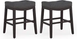 Bar Stools Set of 2, 24 Inch Fabric Counter Height Bar Stools, Saddle Barstools for Kitchen Island with Nailhead Trim Tufted Button, Dark Gray