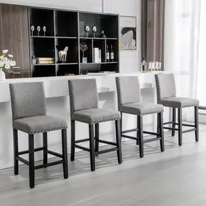 DAGONHIL 24 inch Bar Stools Set of 4, Counter Height Bar Stools with Backs, Nail Head Barstools with Wood Legs, Upholstered Kitchen Island Chairs, Gray