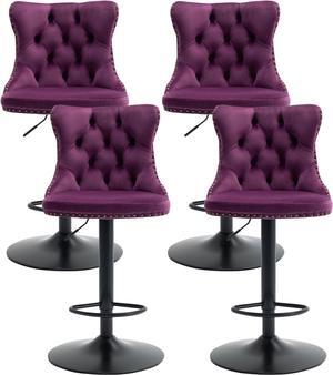 Purple Bar Stools Set of 4, Adjustable Upholstered Counter Height Barstools with Back and Black Footrest, Modern Velvet Swivel Barstools for Kitchen Counter, Purple