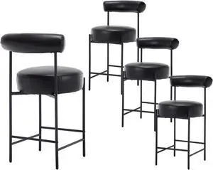 EALSON Leather Counter Height Bar Stools Set of 4 Modern Upholstered Barstools with Curved Open Back/Round Seat Comfortable Bar Chairs for Kitchen Island, 26 Inch Black