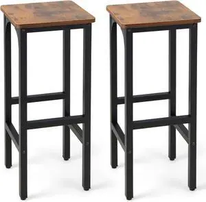 COSTWAY Industrial Bar Stools Set of 2, 28-inch Counter Height Bar Chairs with Footrest, Adjustable Feet, Metal Frame, Backless Counter Height Barstools for Kitchen Island Dining Room, Rustic Brown