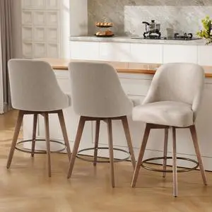 Counter Height Bar Stools Set of 3, Modern Mid-Century Swivel Barstools with Backs and Wood Legs, Linen Fabric Upholstered Bar Chairs, 26" Seat Height Counter Stools for Kitchen Island, Sand