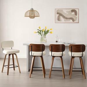 Swivel Counter Height Bar Stools Set of 4, 26" Upholstered Faux Leather Barstools with Back and Bent Wood Legs, Mid Century Modern Bar Chair Island Stool for Kitchen Counter, Cream White