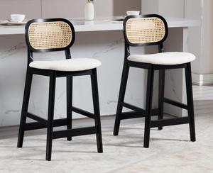 Rattan Counter Height Bar Stools Set of 2 Upholstered Sherpa Barstools with Cane Back Boho Wood Farmhouse Kitchen Island Chairs Bar Chairs for Pub/Home Bar, Cream White