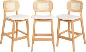 Counter Height Bar Stools Set of 3, Rattan Barstools with Back and Natural Wood Frame, White Leather Upholstered Bar Chairs,Mid Century Modern Farmhouse Counter Stool for Kitchen Island/Counter