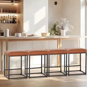 Brown Counter Height Bar Stools Set of 4 for Kitchen Counter 24 Inch Backless Modern Barstools Industrial Upholstered Faux Leather Stools Farmhouse Island Chairs,Support 330 LBS, Brown