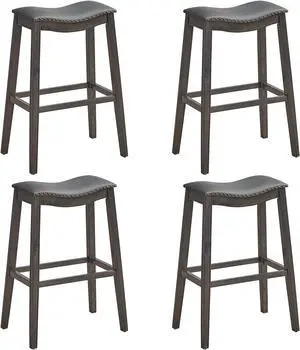 COSTWAY Counter Height Bar Stools Set of 4, 29-Inch Height Backless Saddle Stool with Rubber Wood Legs, Cushioned Seat and Footrest, PVC Leather Makeup Chair for Kitchen Island Dining Room, Grey