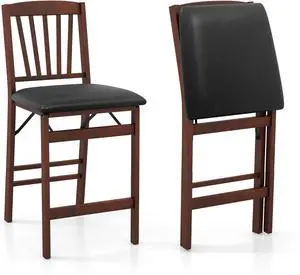 COSTWAY Set of 2 Counter Height Chairs, 24.5" Bar Stools Set, Folding Kitchen Island Stool with Padded Seat, Footrest & Rubber Wood Legs, No Assembly Needed, Portable Bar Chair for Dining Room