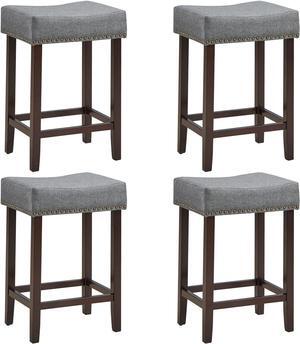 COSTWAY Counter Height Bar Stools Set of 4, 24-Inch Height Backless Square-Shaped Saddle Stools with Brass Nailhead Trim, Thick Linen Cushion, Solid Rubberwood Legs, Modern Contemporary Style, Grey