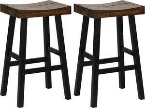 COSTWAY Wooden Saddle Stools Set of 2, 29-inch Bar Height Stools with Curved Seat Surface, Rubber Wood, Acacia Wood, Footrests, Kitchen Island Counter Stools for Restaurant Cafe Pub, Brown+Black