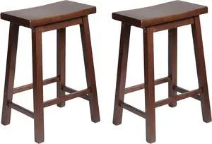 PJ Wood Classic Saddle-Seat 24'' Tall Kitchen Counter Stool for Homes, Dining Spaces, and Bars with Backless Seat, 4 Square Legs, Walnut (2 Pack)