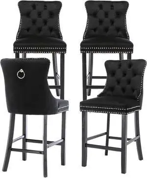 Velvet Upholstered Bar Stools Set of 4 with Back and Wood Legs, Metal Pulling Ring, Armless Counter Height Barstools for Kitchen Island, Pub(Black)