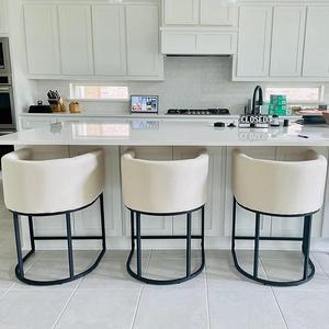 Wahson Set of 3 Linen Upholstered Barrel Bar Height Stools, 24" H Mid Century Modern Fabric Bucket Counter Height Stools, with Black Metal Frame, Cream