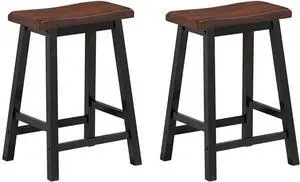 COSTWAY Saddle Stools Set of 2, 24-inch Height Vintage Counter Height Chairs with Solid Wood Legs, Modern Backless Design Indoor Bar Stools for Kitchen, Dining, Pub and Bistro, Brown