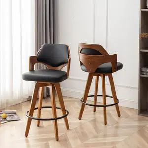 Swivel Bar Stools Set of 2,Counter Height Bar Stools,Upholstered Bar Chair with Bamboo Legs,Low Back Counter Stools for Kitchen Island (Black-PU)