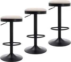 CIMOTA Swivel Round Bar Stools Set of 3 Backless Adjustable Counter Height Barstools Modern Industrial PU Leather Bar Stool Chair for Kitchen/Home Bar/Pub/Bistro/Office, Retro Beige