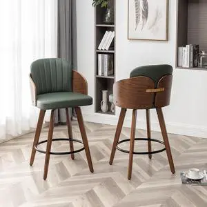 Counter Height Bar Stools,26" Swivel Bar Stools with Back and Arms,Leather Barstools Set of 2,Upholstered Counter Stools for Kitchen Island,Green