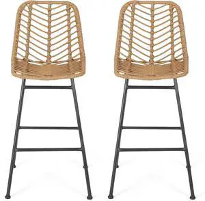 Great Deal Furniture GDFStudio Outdoor Wicker Barstools (Set of 2), Light Brown and Black