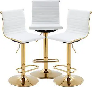 chairus Modern Swivel Bar Stools Chairs Set of 3, Adjustable Counter Height Barstools Armless PU Leather Stools with Footrest and Back Handle for Living Room Kitchen Island, Gold Base, White - 3PCS