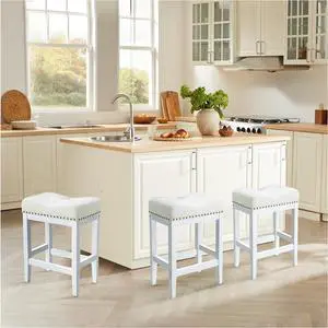 Kitchen Counter Stool,24 Inch Barstools Wood Stools,Fabric Kitchen Island Stools with Saddle Seats Backless Counter Height Bar Stools Easy Assembly (Rice White+White, 3-Pack)