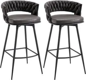 BV Bar Height Bar Stools Set of 2, 30 inch Seat Height Bar Stools, 180° Swivel Barstools with Woven Back and Footrest, Suede Fabric Counter Stools for Kitchen Island, Bar Pub