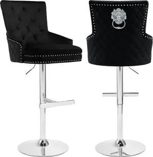 Velvet Swivel Bar Stools Set of 2, Upholstered Bar Stool Chair with Button Tufted Back and Pull Ring, Height Adjustable Swivel Barstools,Black