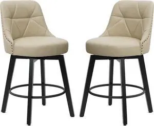 Swivel Bar Stools with Back Set of 2, 26 inch Faux Leather Upholstered Counter Height Barstools for sKitchen Island, Round Footrest, Solid Wood Legs (Beige)