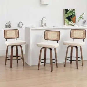 Set of 3 Rattan Bar tools - 26.4 inch Mid Century Swivel Bar Stools with Cane Backs, Upholstered Faux Leather, Walnut Craftsmanship, Cane Back Bar Stools for Island/Kitchen/Counter/Bar (Walnut Beige)