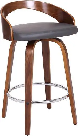 Armen Living Sonia Mid Century Modern Swivel Bar Stool for Kitchen Island Counter in Gray Faux Leather and Walnut Wood, 26" Seat Height