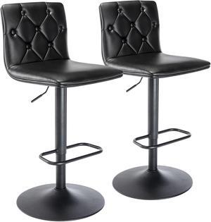 Brage Living Tufted Adjustable Bar Stools, Modern PU Leather Swivel Airlift Barstools with Back, Armless Counter Height Bar Chairs for Kitchen Dining Pub Cafe Set of 2 (Black, Black Base)