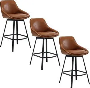 Flouki Swivel Counter Stools, 25 Inches Stools for Kitchen Counter, Modern Swivel Bar Stools for Kitchen Island, Counter Height Chairs, Metal Base, Set of 3, Faux Leather Upholstered, Brown