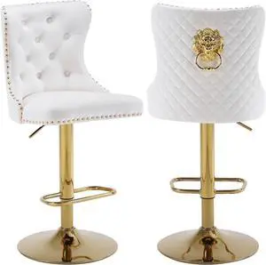 Swivel Gold Bar Stools Set of 2, Velvet Adjustable Barstools with Tufted Back, Nailheads Trim and Pull Ring, Counter Height Upholstered Bar Chairs for Kitchen Island Restaurant Home (Cream-Gold)