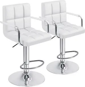 Furmax Bar Stools with Armrest Modern PU Leather Swivel Adjustable Hydraulic Bar Stool X-Large Base and Seat Square Counter Height Stool Set of 2 (White)