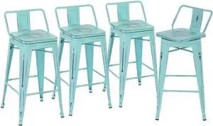 Yongchuang 30" Swivel Bar Stools Set of 4 Bar Height Stools with Backs Wood Seat Industrial Low Back Metal Barstools Bar Chairs Distressed Mint